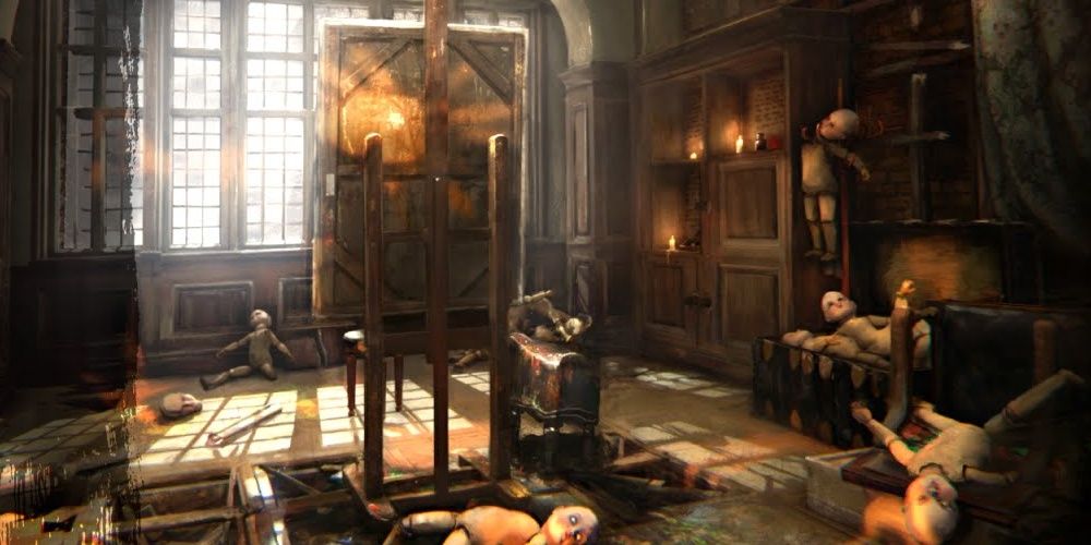 A Screenshot Of The Layers Of Fear Menu Screen Featuring An Easel And Children's Dolls