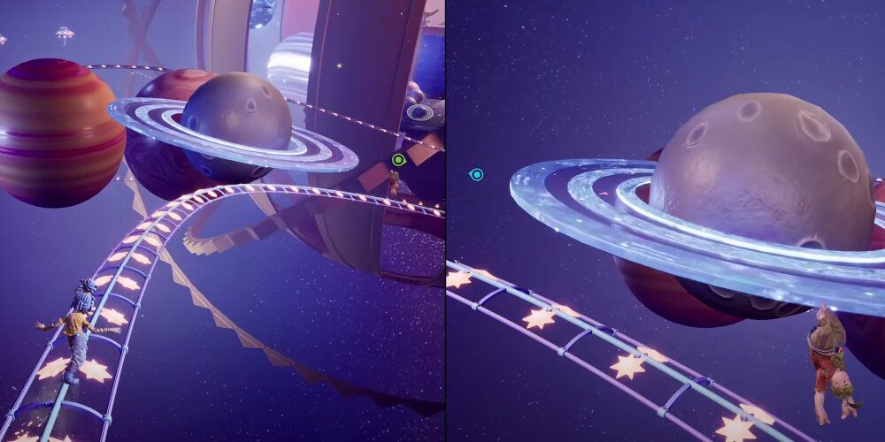 A Screenshot Of May and Cody Riding The Rails In It Takes Two's Space Level.