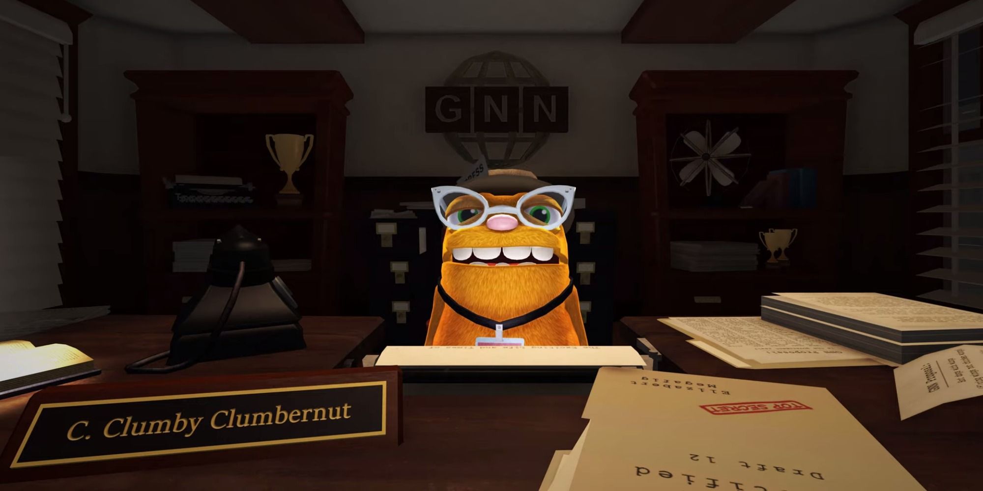 Bugsnax Clumby at their desk