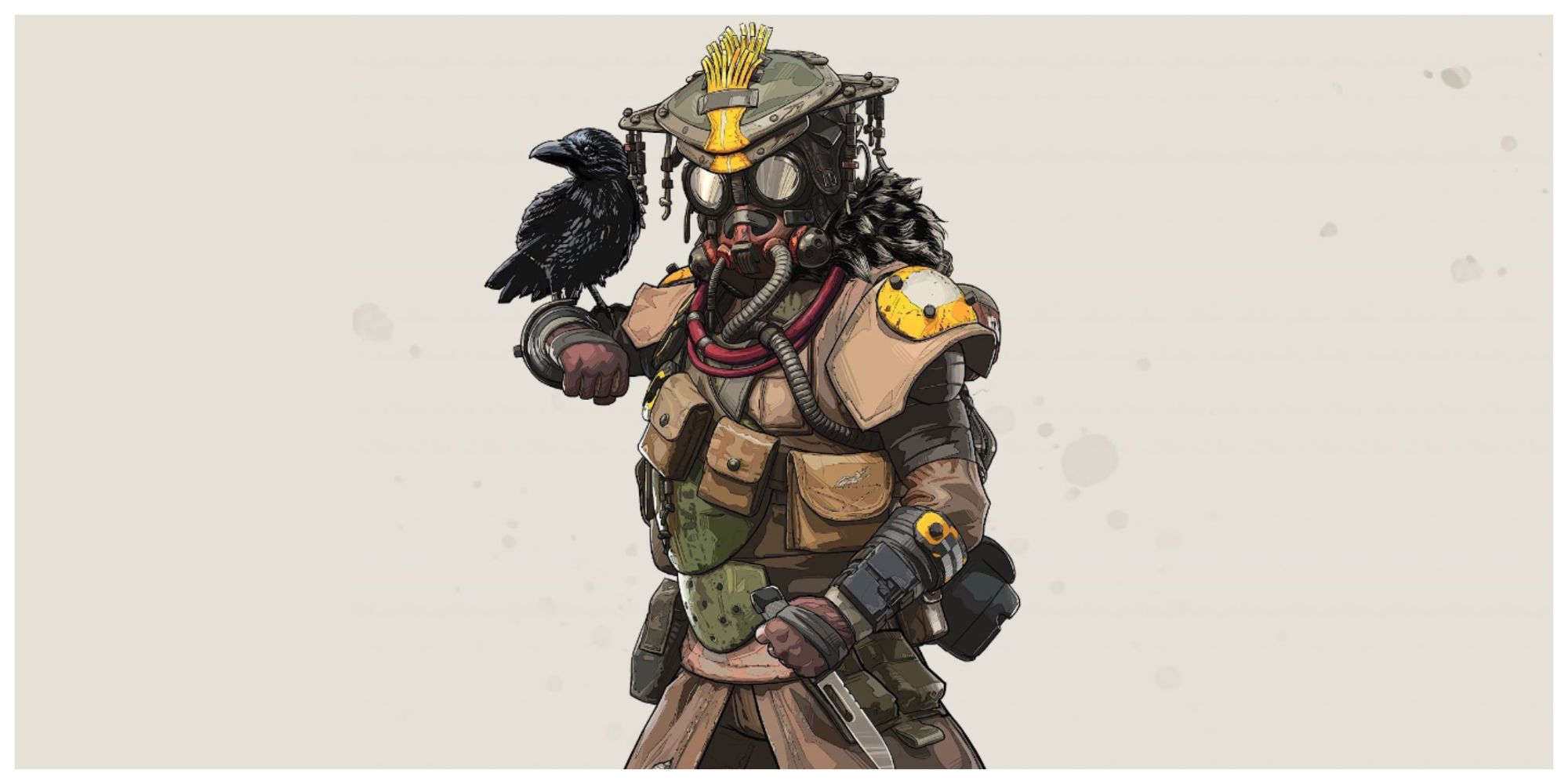 Bloodhound a master hunter who is non-binary holding their knife and Raven named Artur perched on their arm
