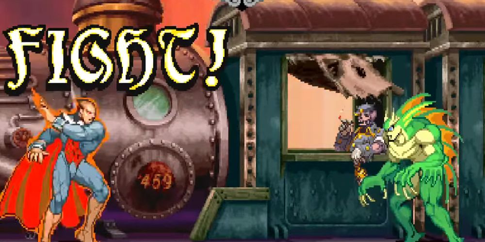 A vampire fights a fish-man on a ghost train