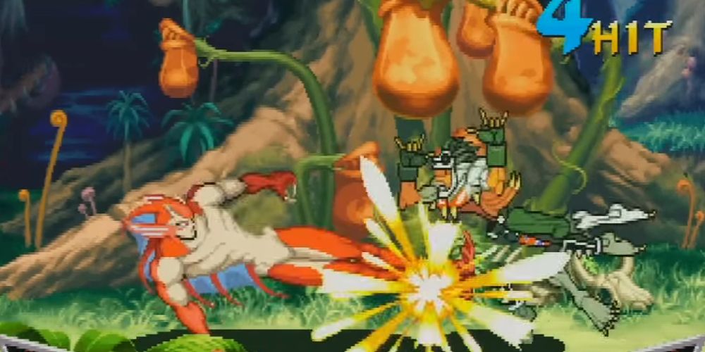 A fish-man sweeps a skeleton's legs out from under him