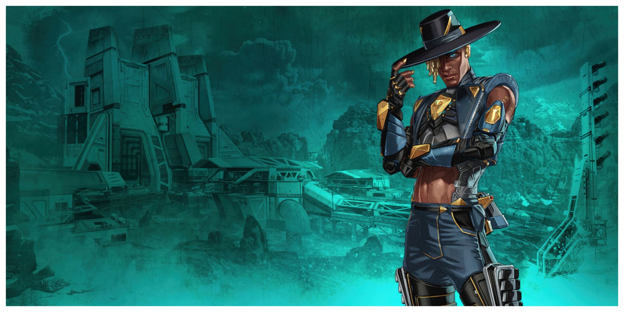 Seer the Ambush Artist standing with his arms partially crossed in an area on World's edge, he tips the brim of his fedora