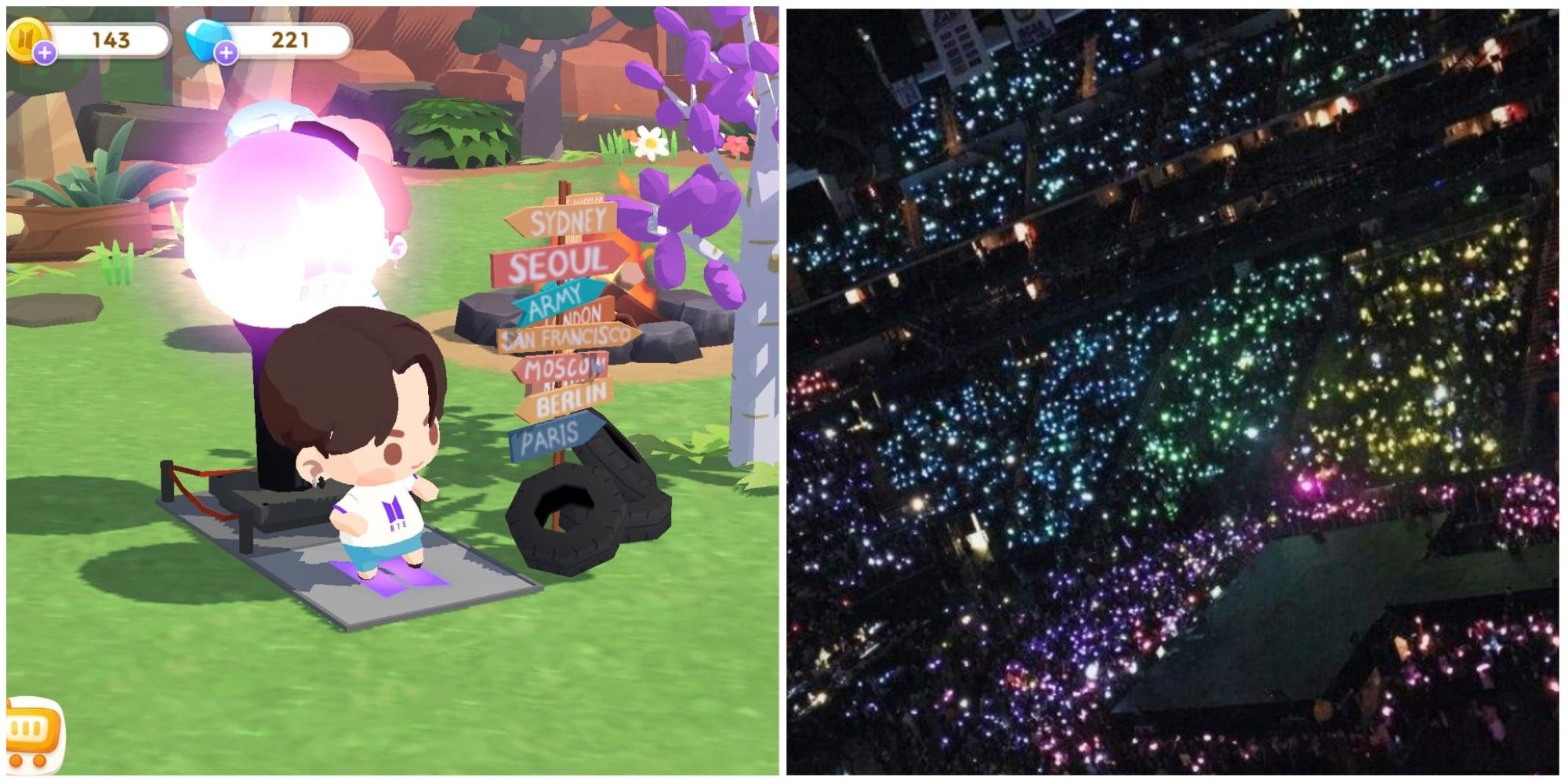 Army Bombs Jungkook dancing in game on left, army bombs lighting the night on the right