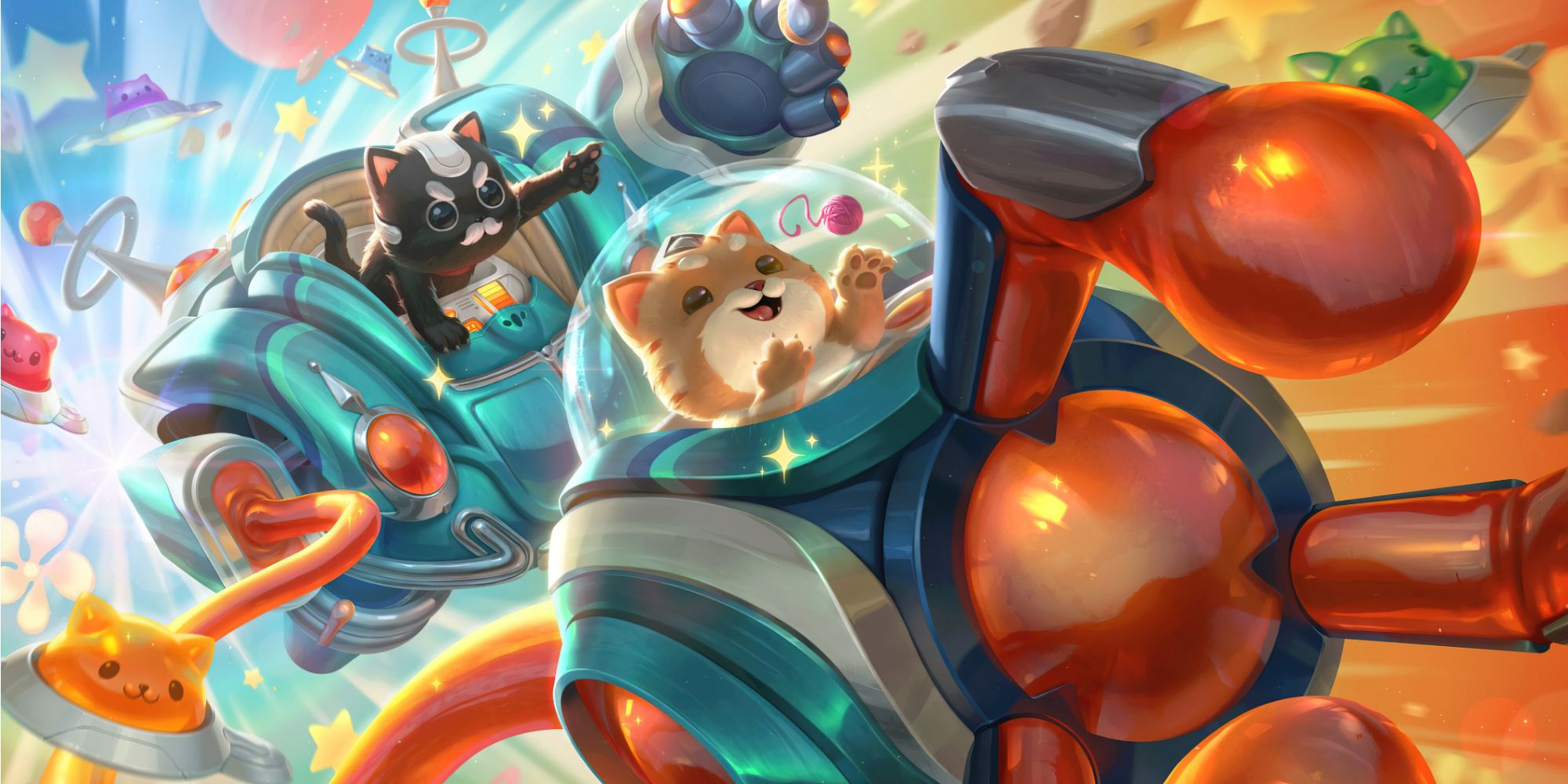 Blitzcrank the rolling golem in his space groove skin featuring the kitties Blitz and Crank performing a rocket grab