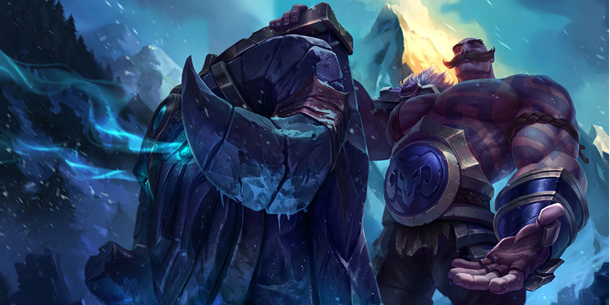 Braum The heart of the Freljord standing with his shield and outstretched hand, shirtless in the biting cold unfazed