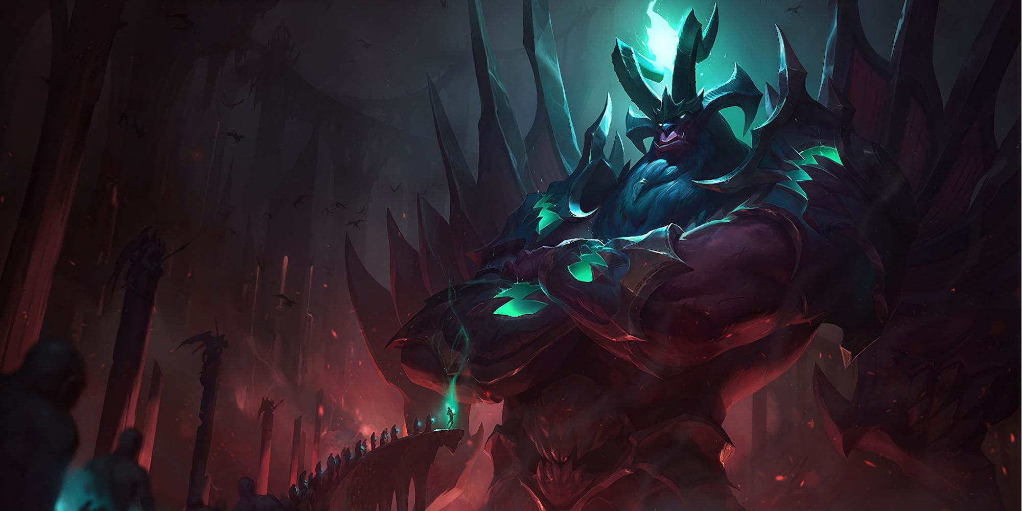 Galio looking like Hellboy in his Gatekeeper skin, a colossus before puny humans as he looks down with his arms crossed