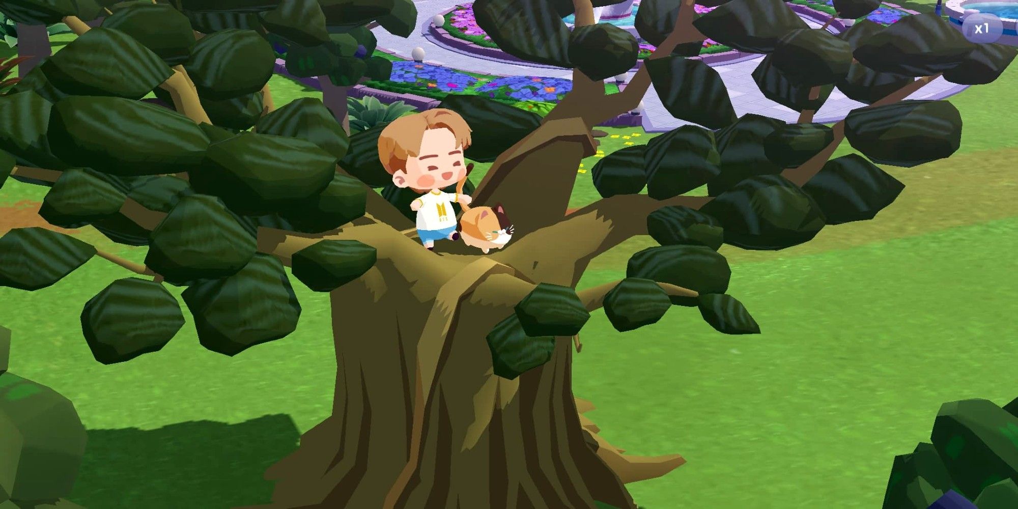 Jimin with calico cat sitting in a tree together smiling