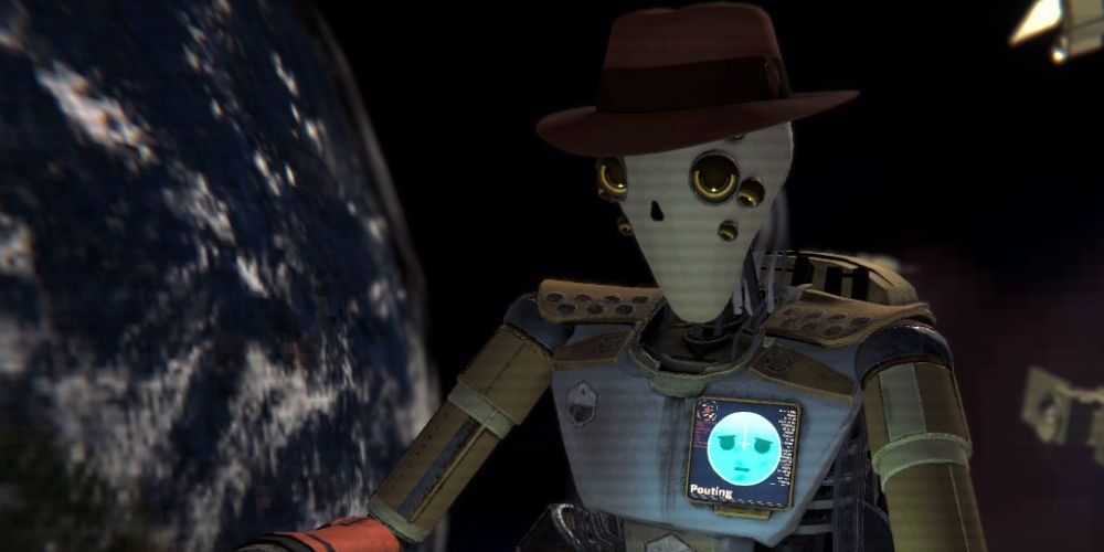 Robot Boyfriend Orby pouts while floating in space