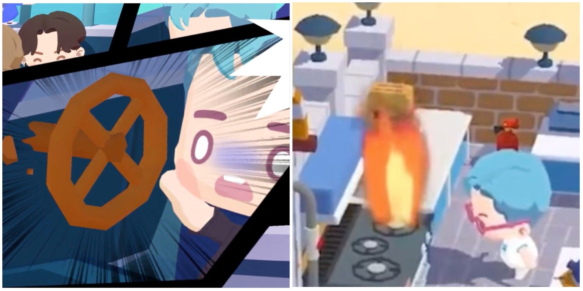 RM God Of Destruction crashing the ship on left catching the stove on fire on the right