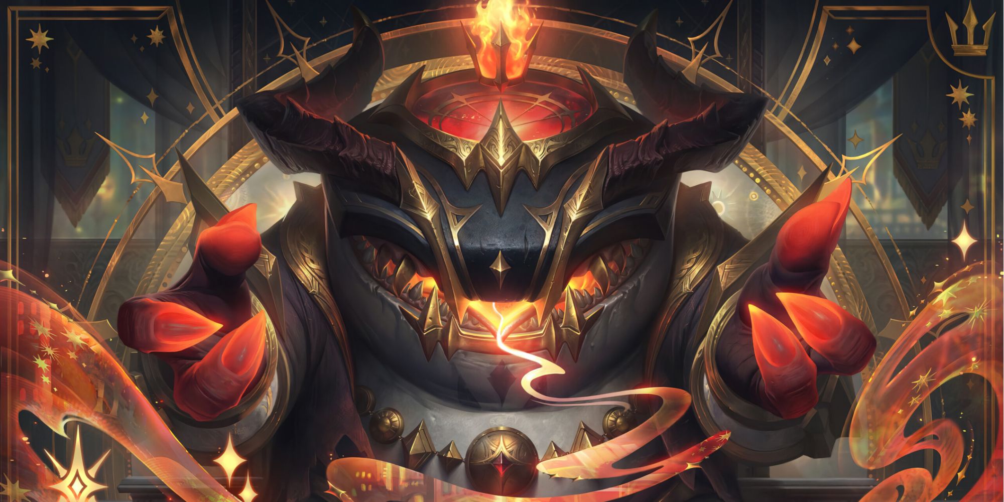 Demon Rive King in his Arcana skin looking like a tarot card, passing for The Emperor perhaps as he beckons to his maw