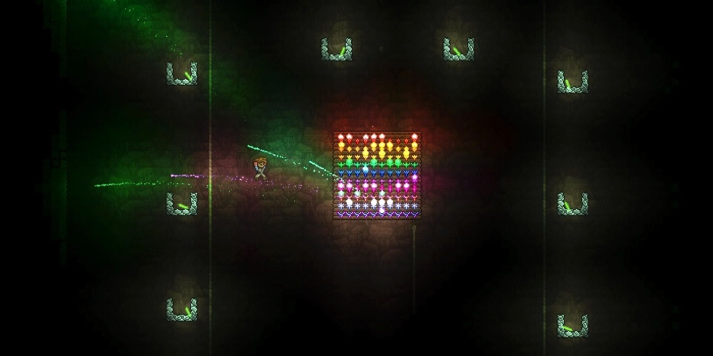 Terraria Torch God Favor Player Jumping Underground With Glowsticks