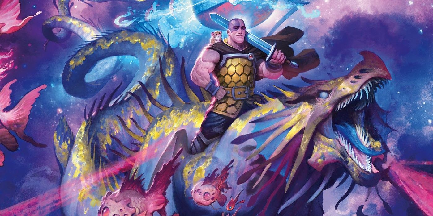 Dungeons and Dragons Spelljammer Dragon Flying Through Astral Sea With Goliath Fighter Holding A Sword Astral Guppies