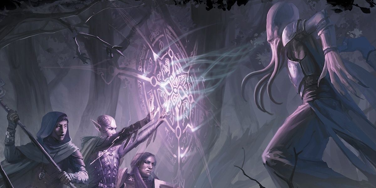 Dungeons and Dragons Mages Fighting Ithillid Monster In The Woods Forest Casting A Spell