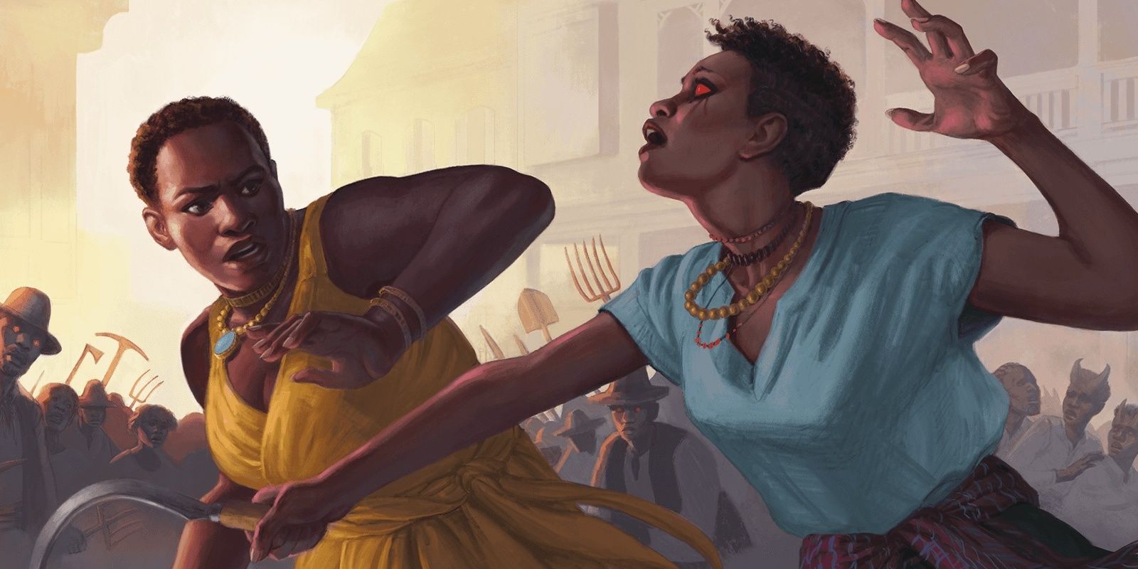 Dungeons and Dragons Possessed Woman Attacking A Woman In Yellow With A Sickle In A Marketplace