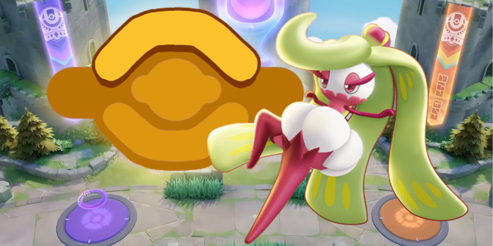Tsareena with Top Lane symbol behind. top lane of Theia sky ruins seen in background