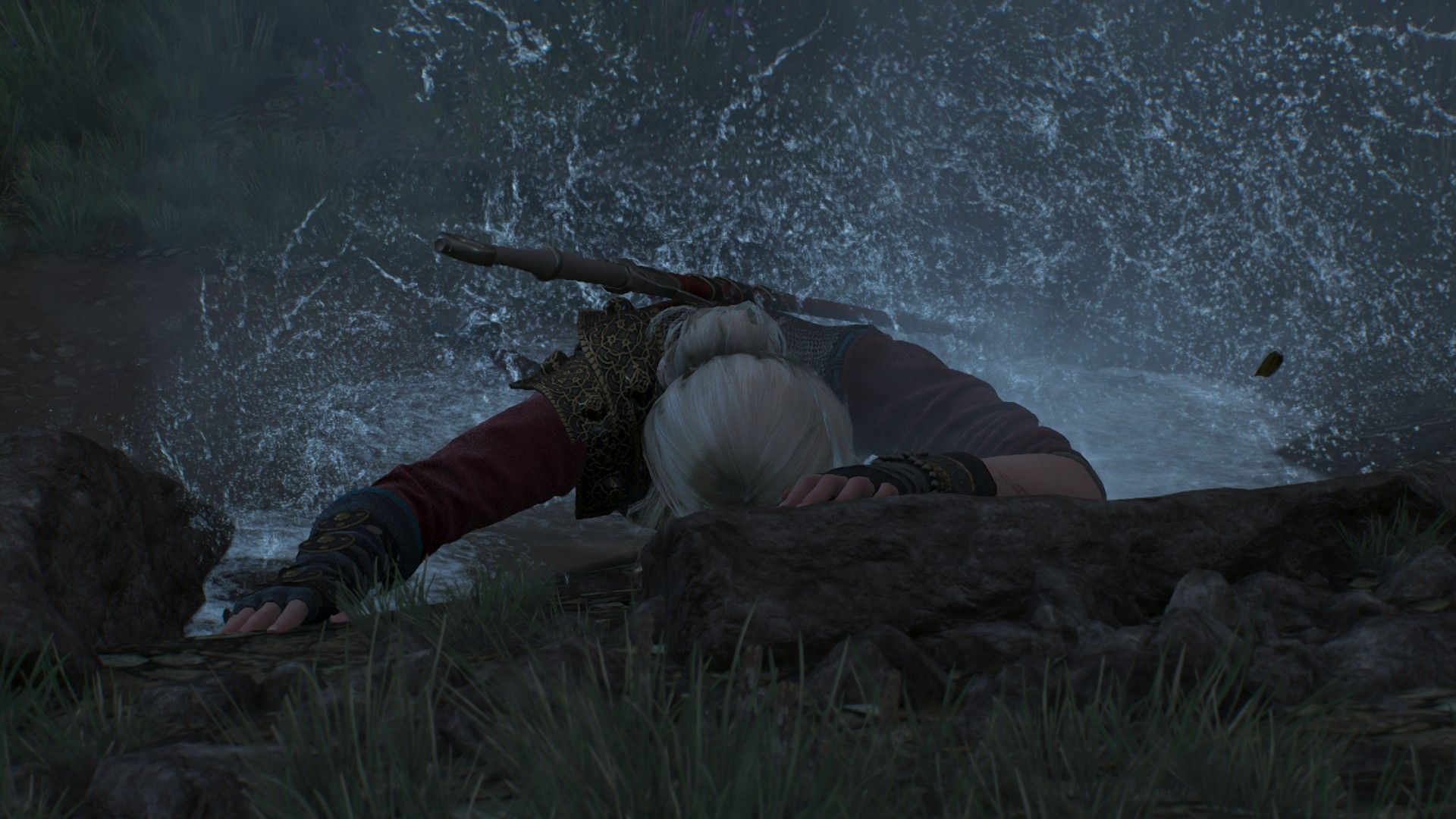 Ciri causes a splash as she falls into a puddle of water inside a gloomy swamp.