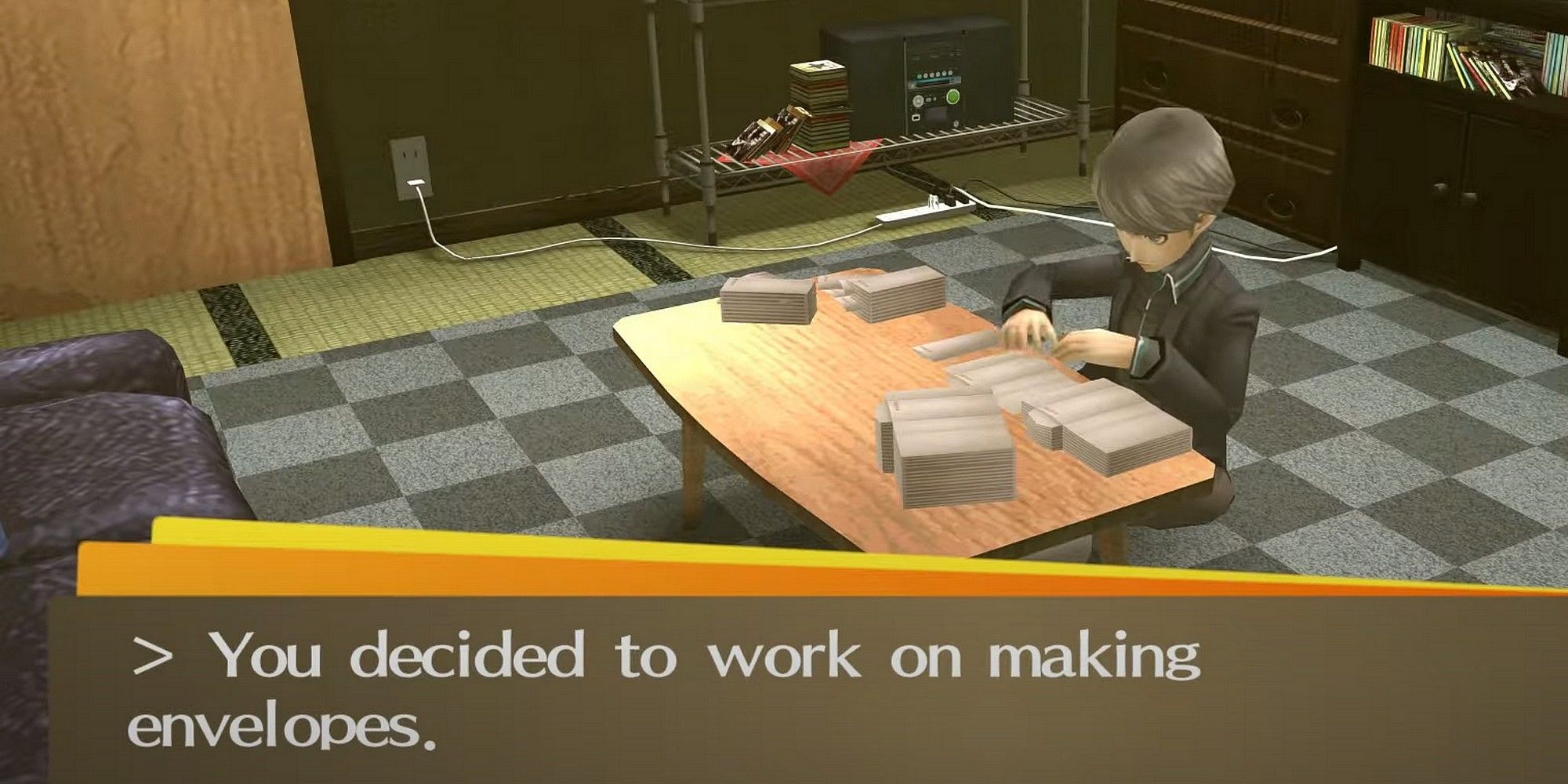 yu folding envelopes in his room in persona 4 golden