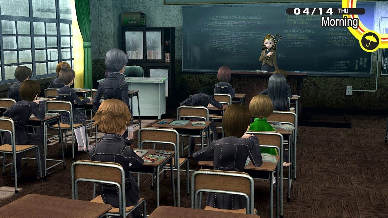 yu standing up to answer a question in class at yasogami high in persona 4 golden
