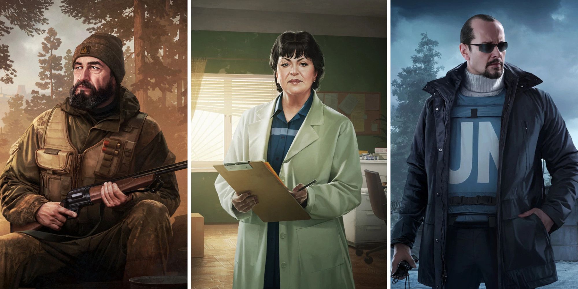 From left to right, the Escape from Tarkov traders Jaeger, Therapist, and the Peacekeeper