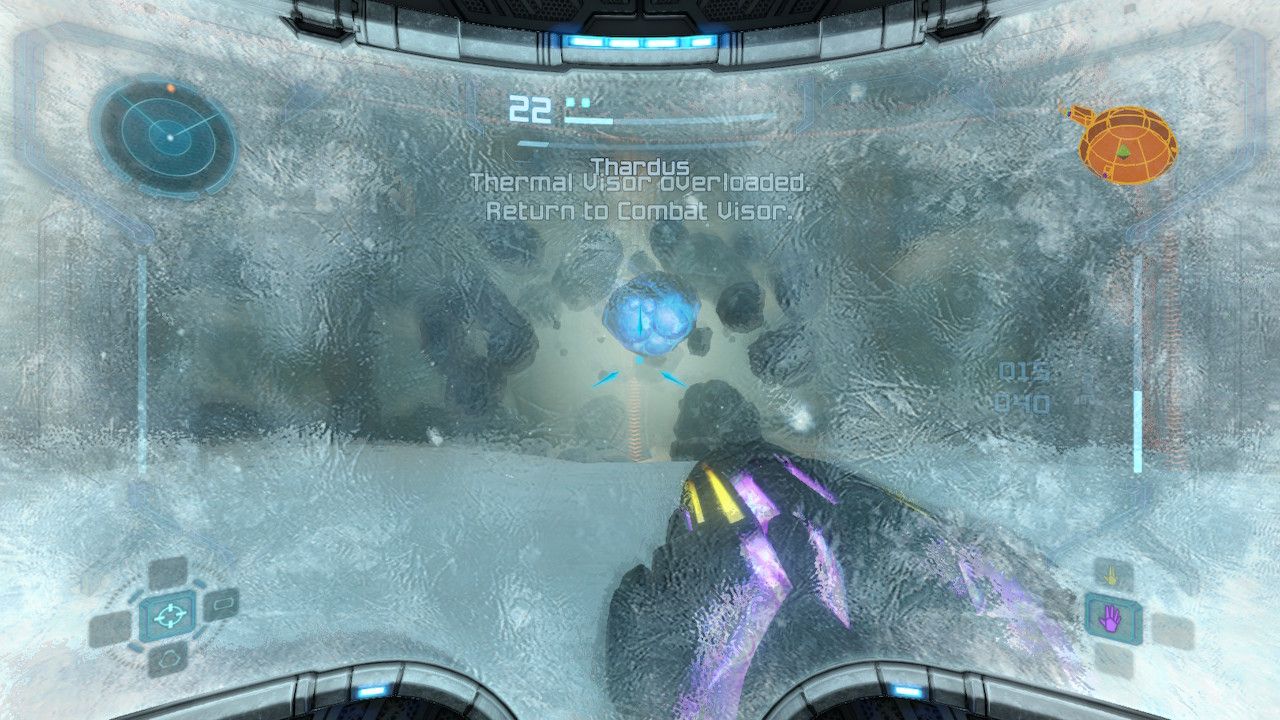 Samus frozen by one of Thardus' attack