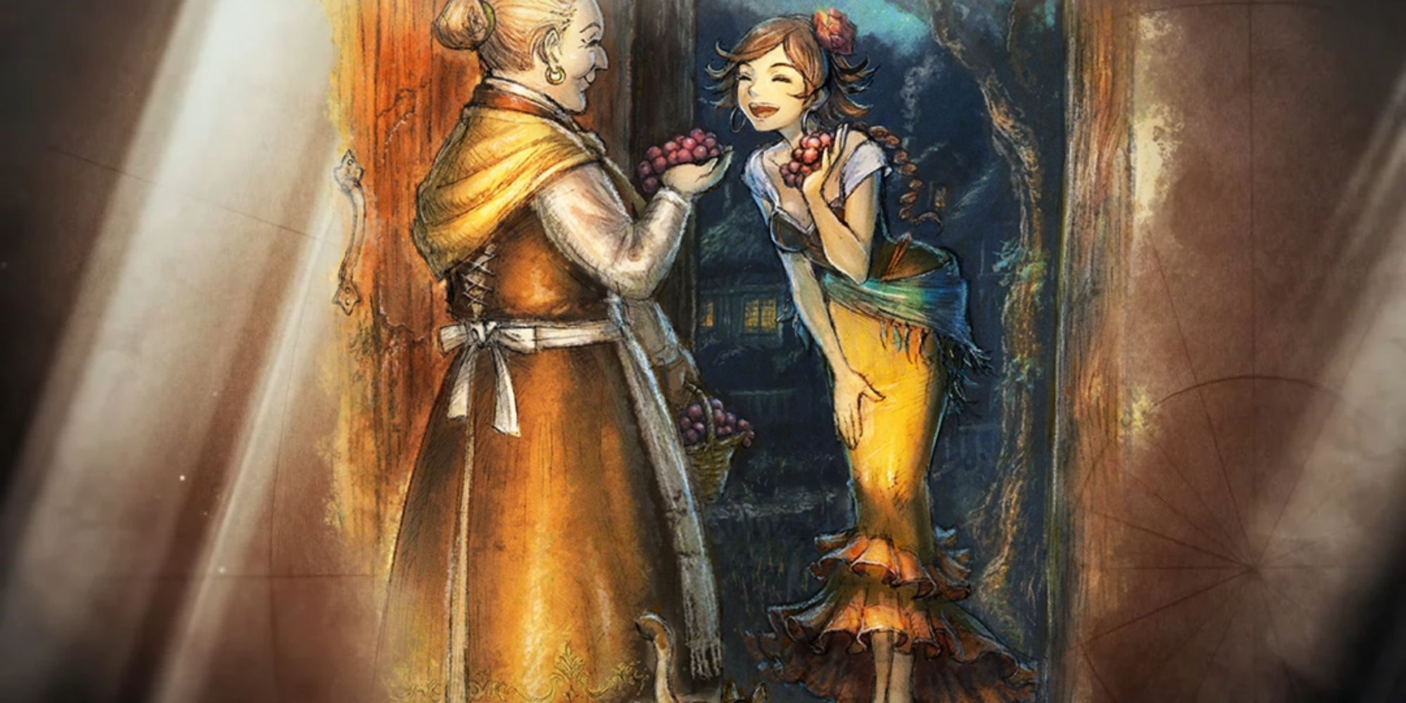 An image showcasing Agnea, the Dancer in Octopath Traveler 2, using her Entreat Path Action to gain fruit from the local citizens.