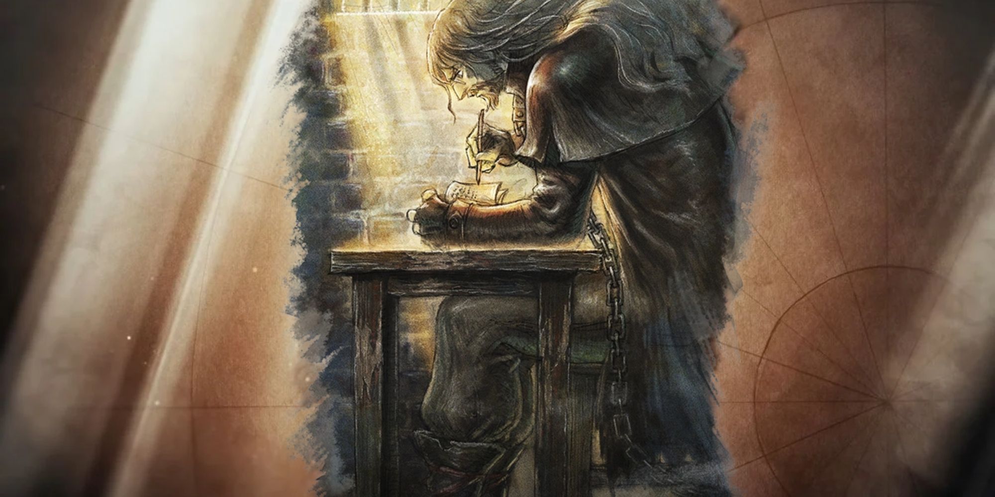 An image of Osvald, the Scholar in Octopath Traveler 2, deep in his studies while imprisoned.