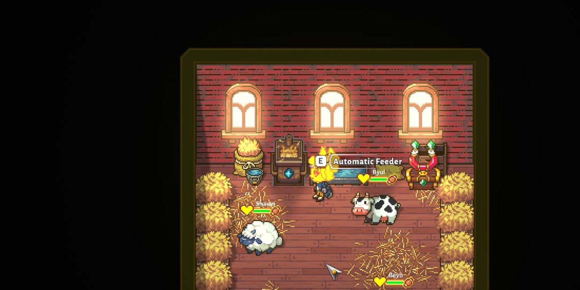 player faces the automatic feeder inside the barn 