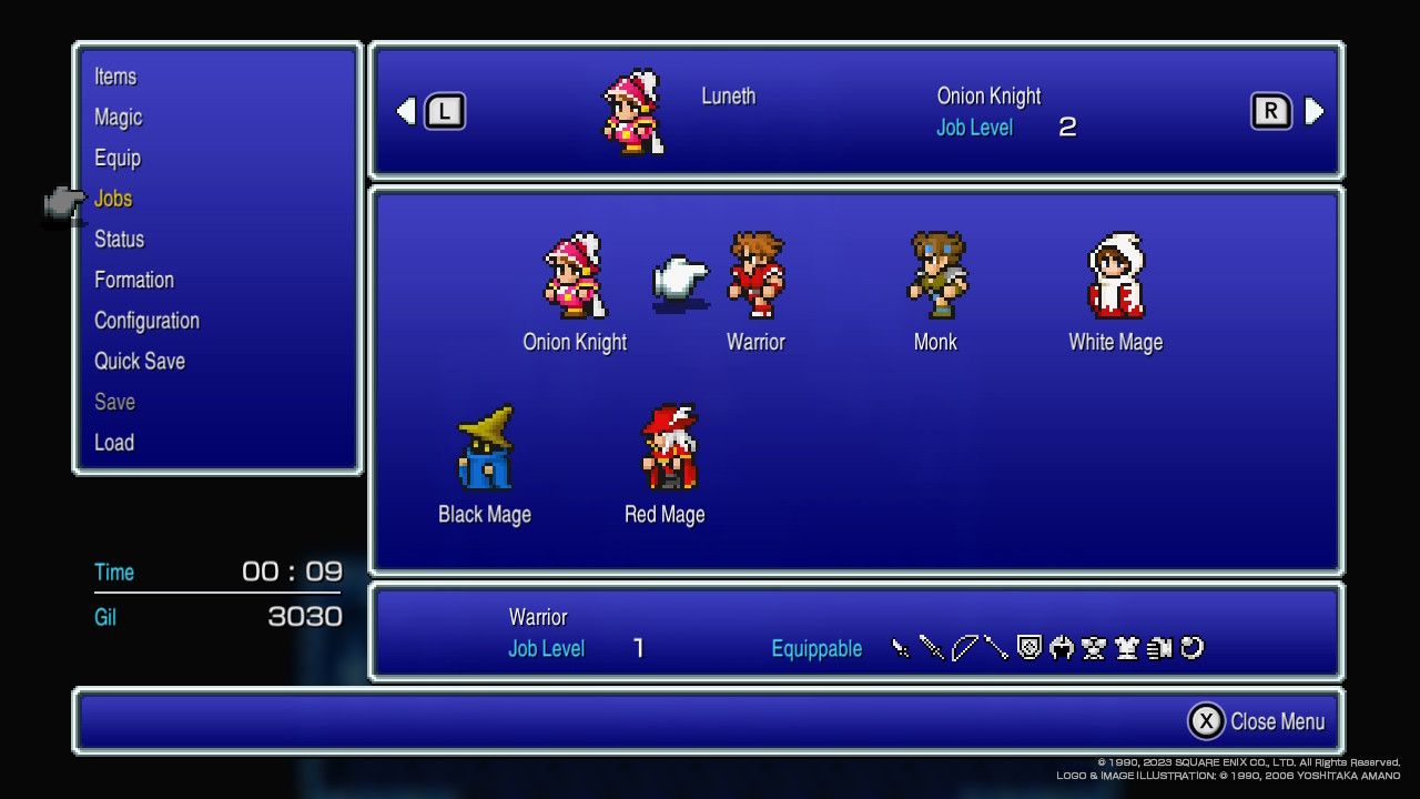 A look at the starting classes, including mages, warriors, monks, and more in Final Fantasy 3 Pixel Remaster.