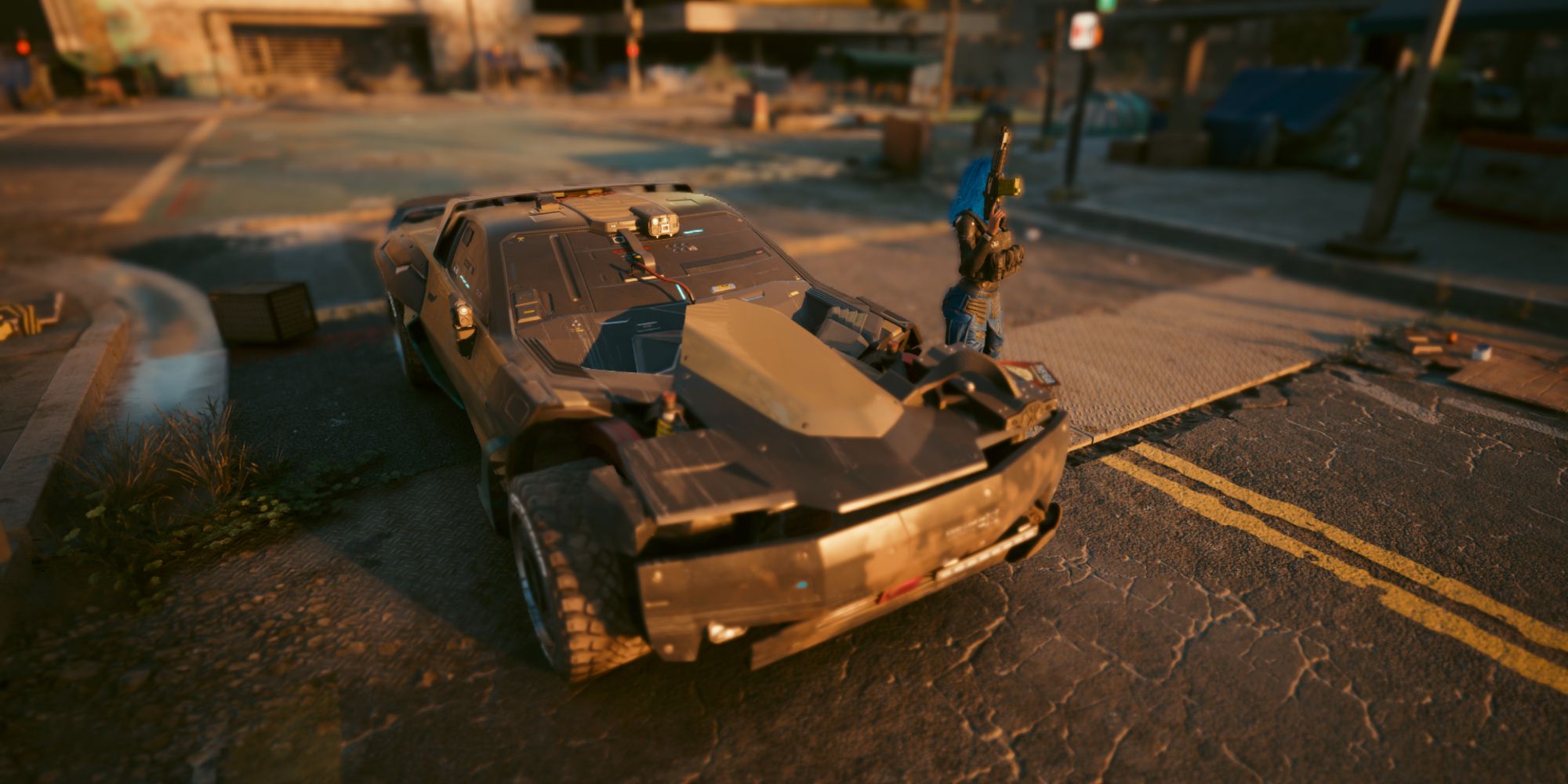 V posing besides the Quadra "Javelina" car in Cyberpunk 2077