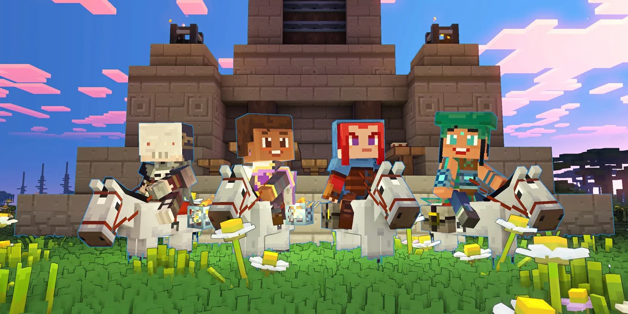 Four Heroes ride their horse mounts together in front of a tower in Minecraft Legends.