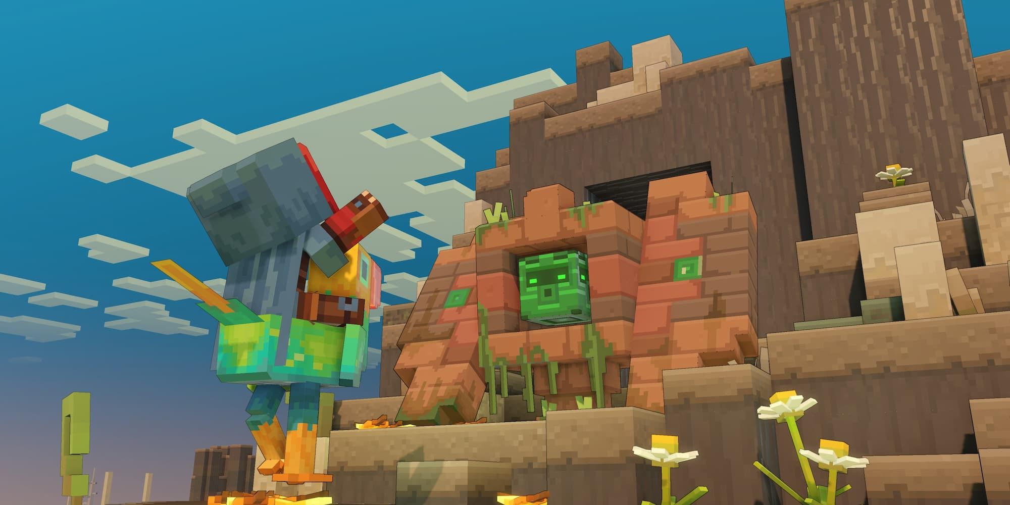 A hero on a bird mount arrives at a structure in Minecraft Legends.