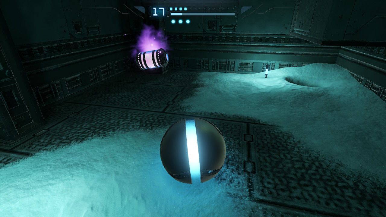 Morph Ball Samus in the small room accessed by raising the water in the Ruined Courtyard