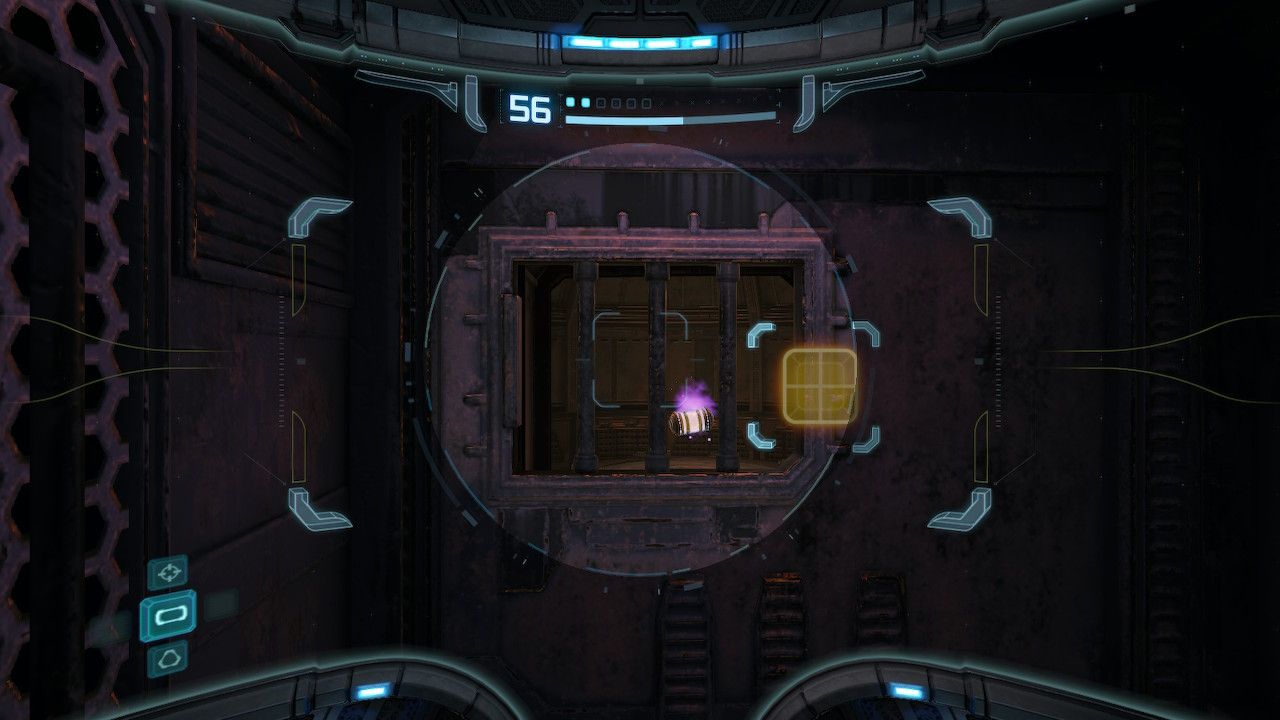 The Energy Tank hidden in the Magmoor Workstation seen through a barred window