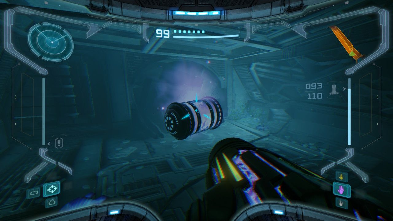 Samus's view of an energy tank hidden deep underwater.