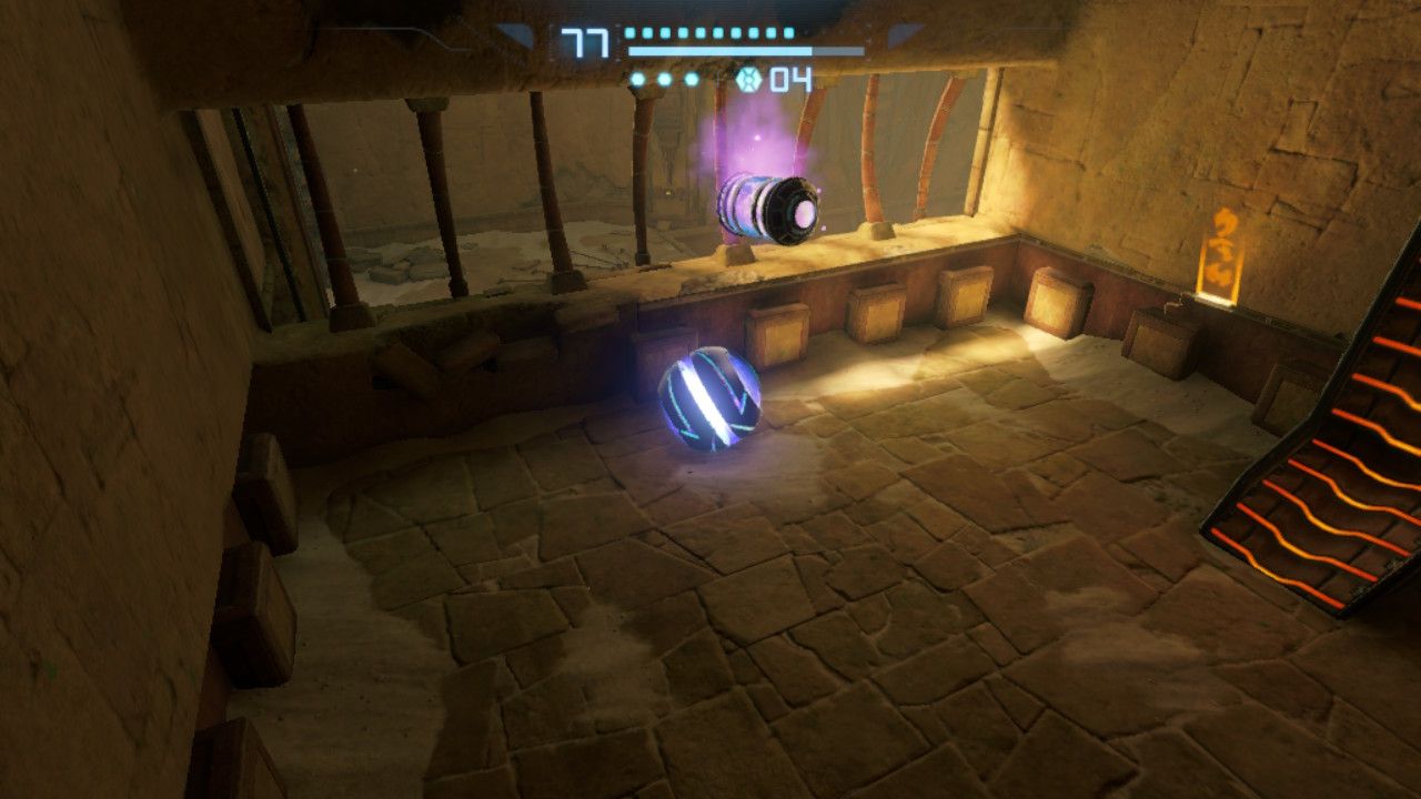Morph Ball Samus below a floating Energy Tank just after accessing it.