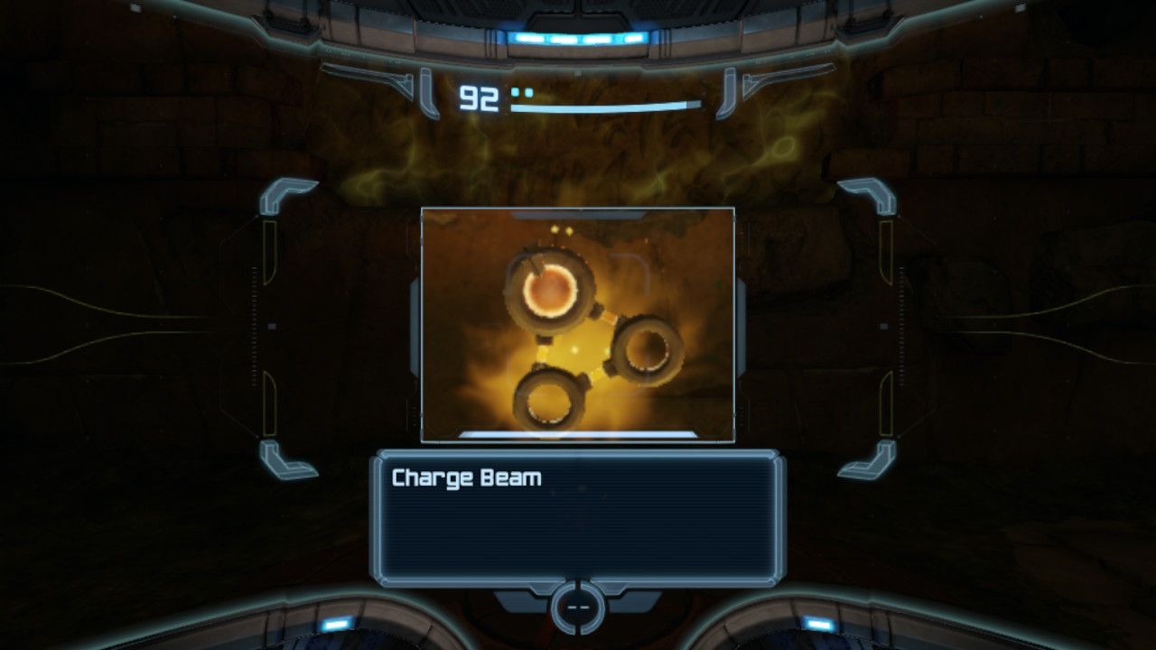 Samus scans the Charge Beam upgrade.