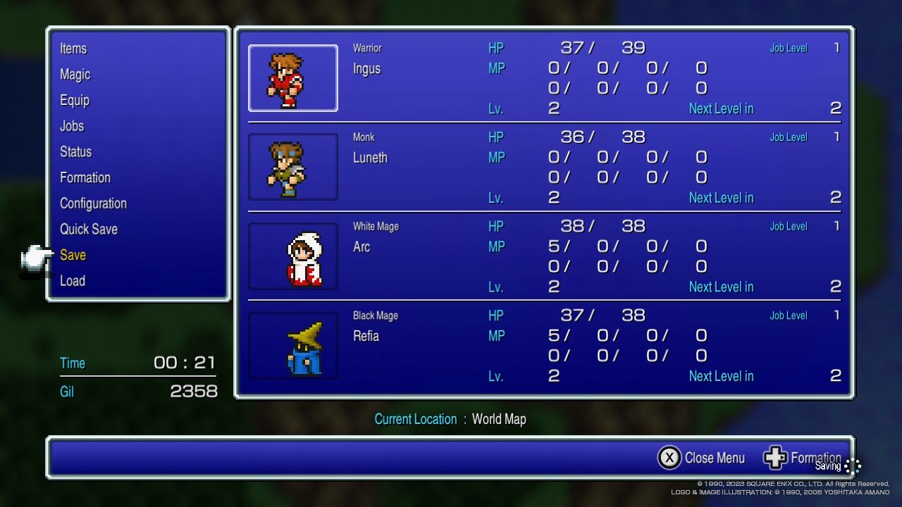 A look at the menu with a Warrior, Monk, White Mage, and Black Mage in the party in Final Fantasy 3 Pixel Remaster.