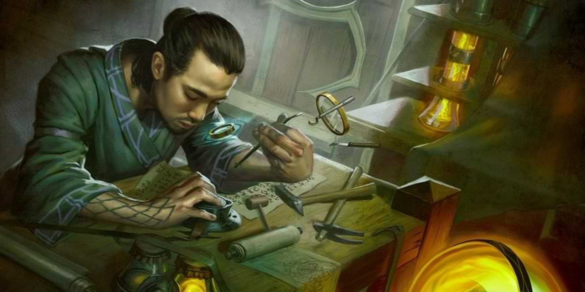 Artificer tinkering at a desk in DnD