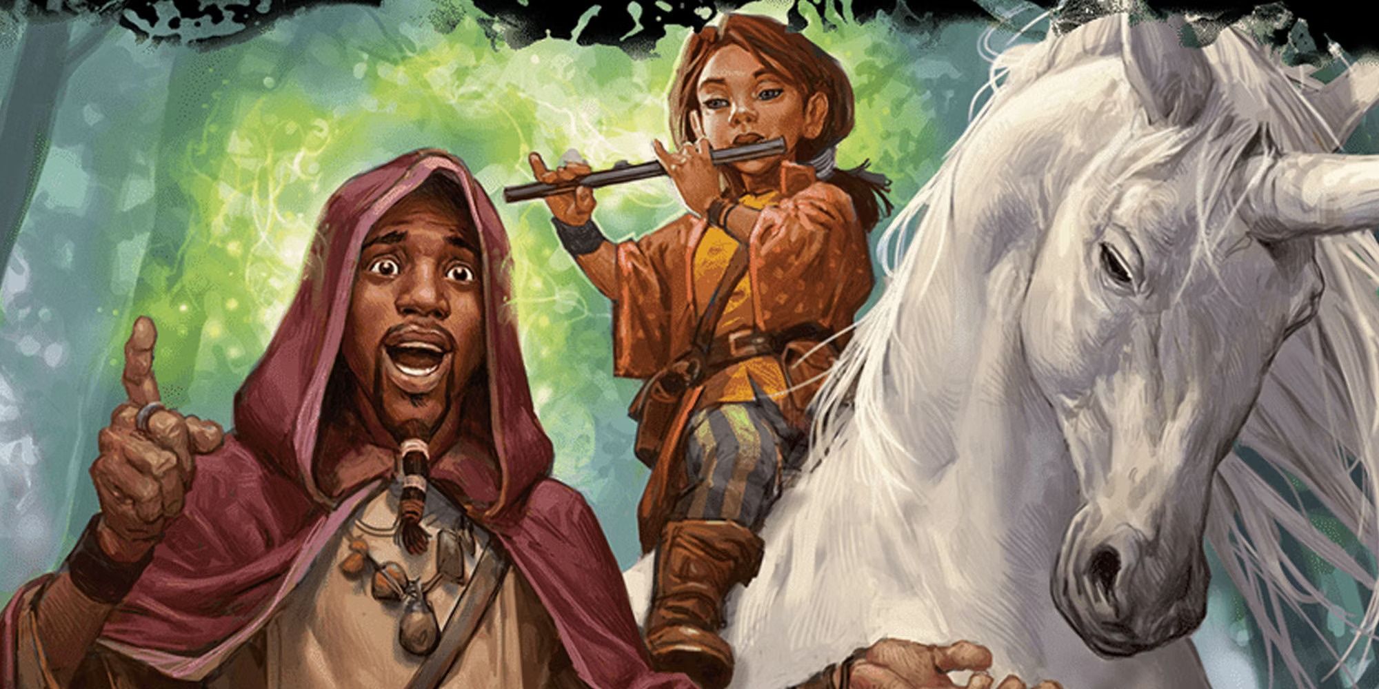 a bard riding a unicorn uses their flute to cast a spell on a hooded figure