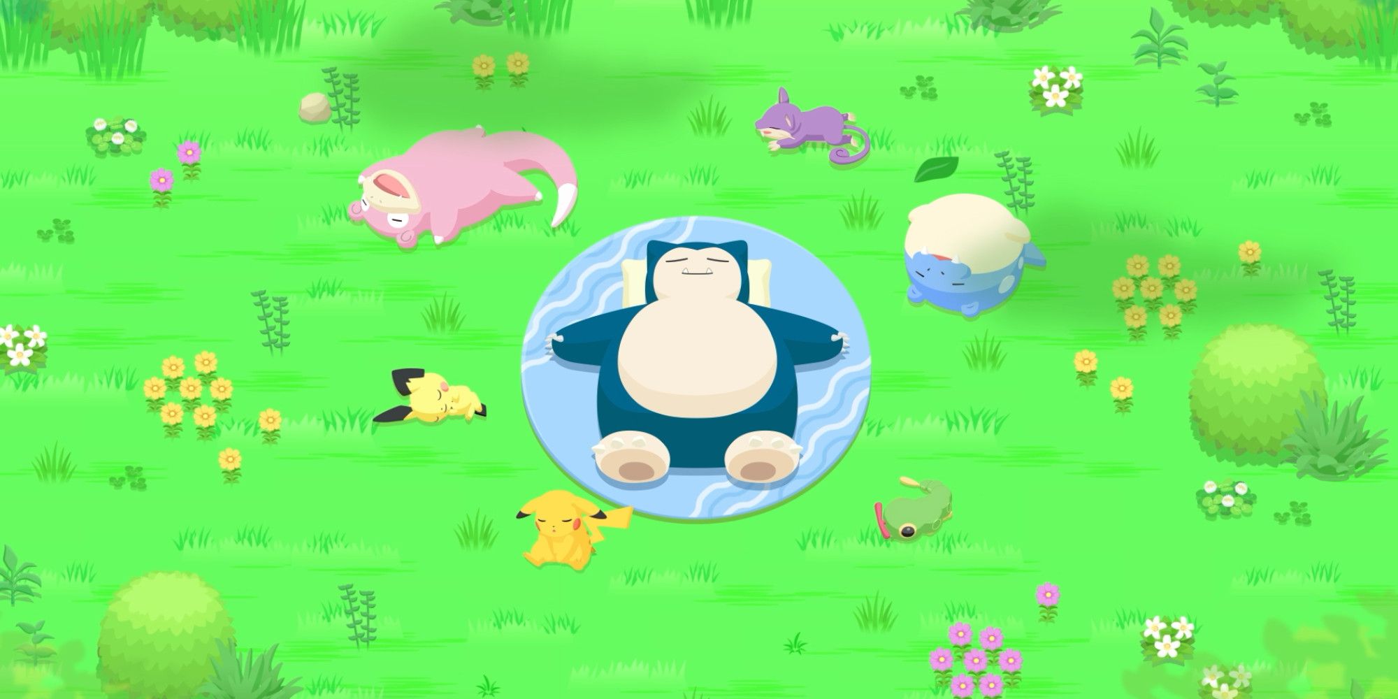 Pokemon Sleep - Snorlax surrounded by other Pokemon.