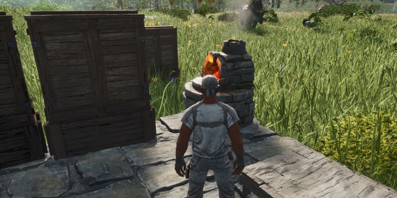 Ark Survival Ascended Character Looking At A Forge
