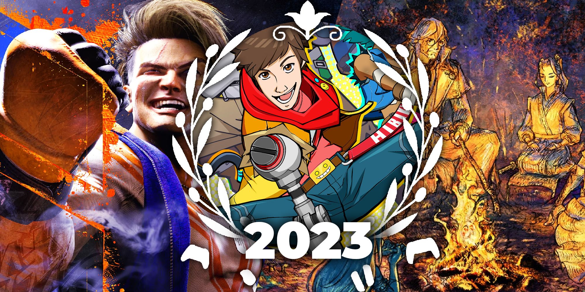 Luke from Street Fighter 6, Chai from Hi-Fi Rush, and a group of people around a campfire in Octopath Traveler 2