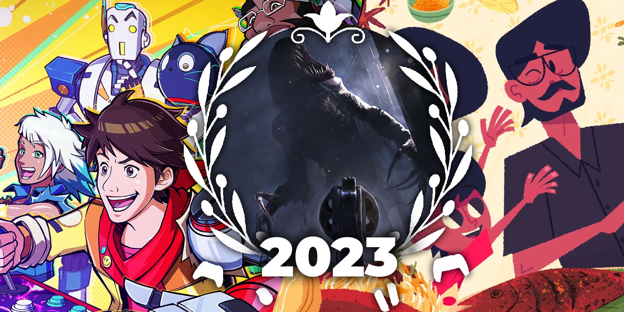 Game of the year graphic with the cast of Hi-Fi Rush on the left, the family from Venba on the right, and in the center, surrounded by laurels labeled "2023" a revolver pointing at a monster from Amnesia: The Bunker