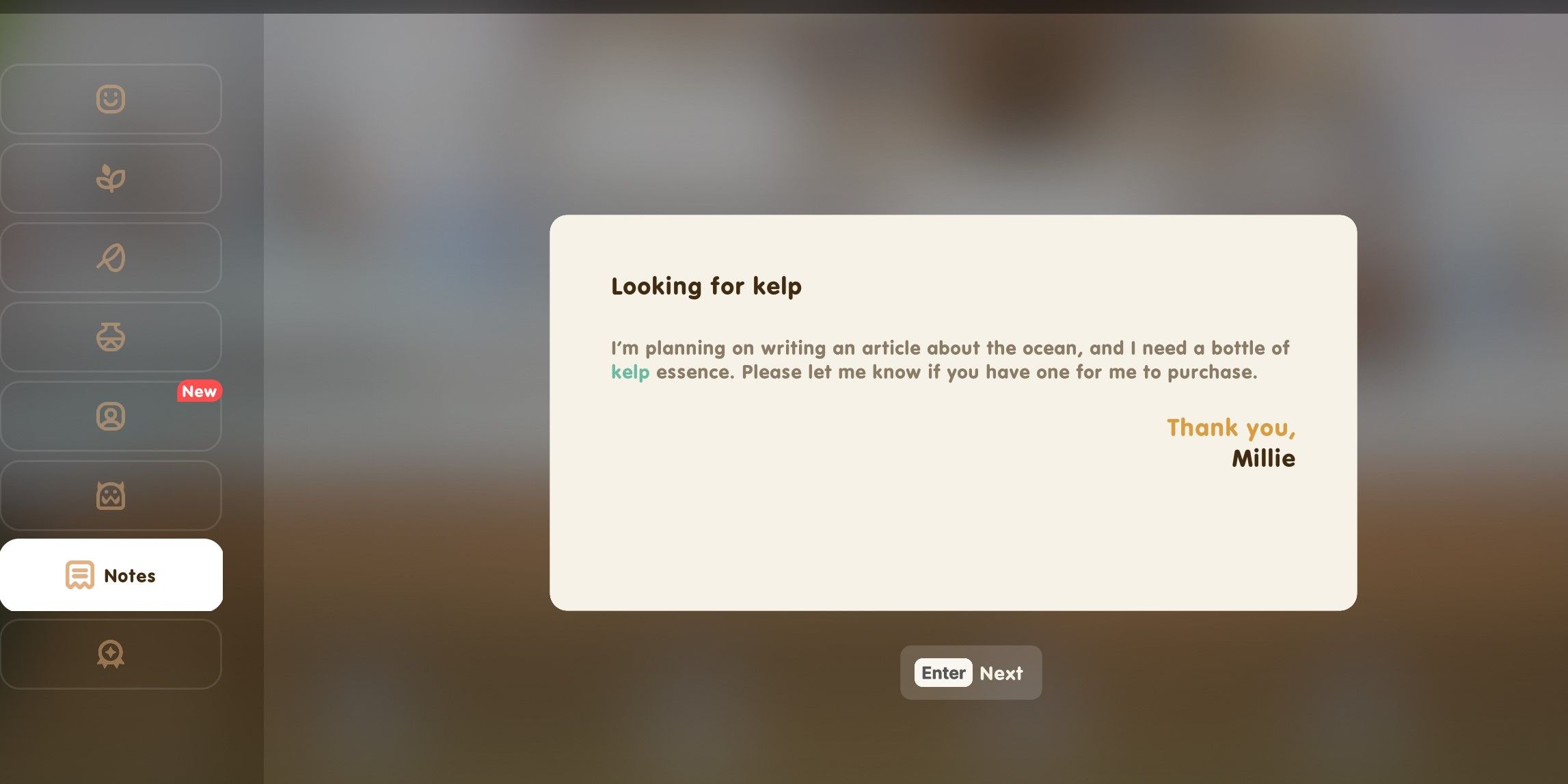 Coral Island: An image of Millie's request for kelp essence