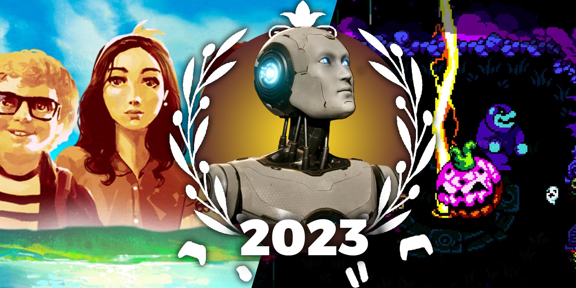 A collage showing the characters of Varney Lake, minions from Boneraiser Minion, and a robot from The Talos Principle 2.