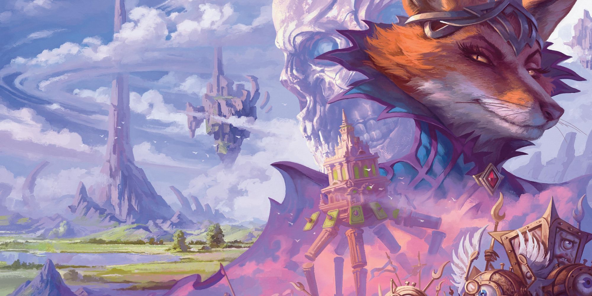 Turn Of Fortune's Wheel, featuring Shemeska, a walking castle and a host of modrons against the backdrop of the Outlands