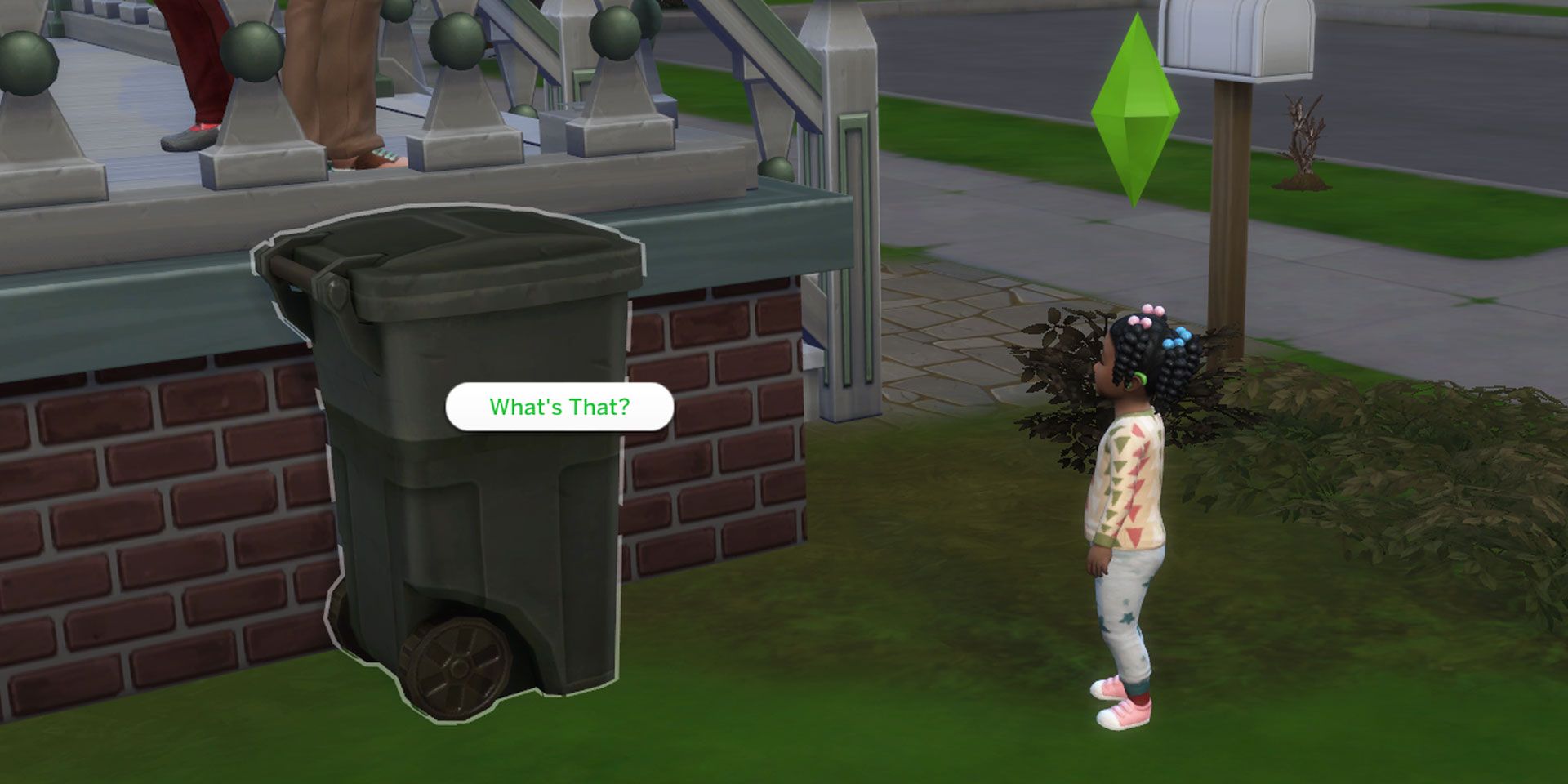 A toddler standing in front of a trash can showing the What's That? interaction.