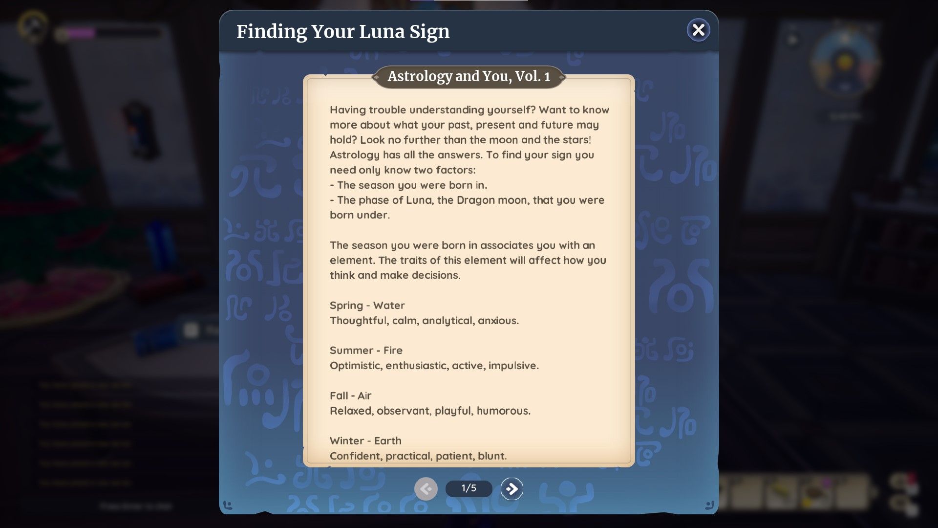 Palia book on Astrology that can be found in the Kilima library. It shows the first page discussing associations with Palian seasons.