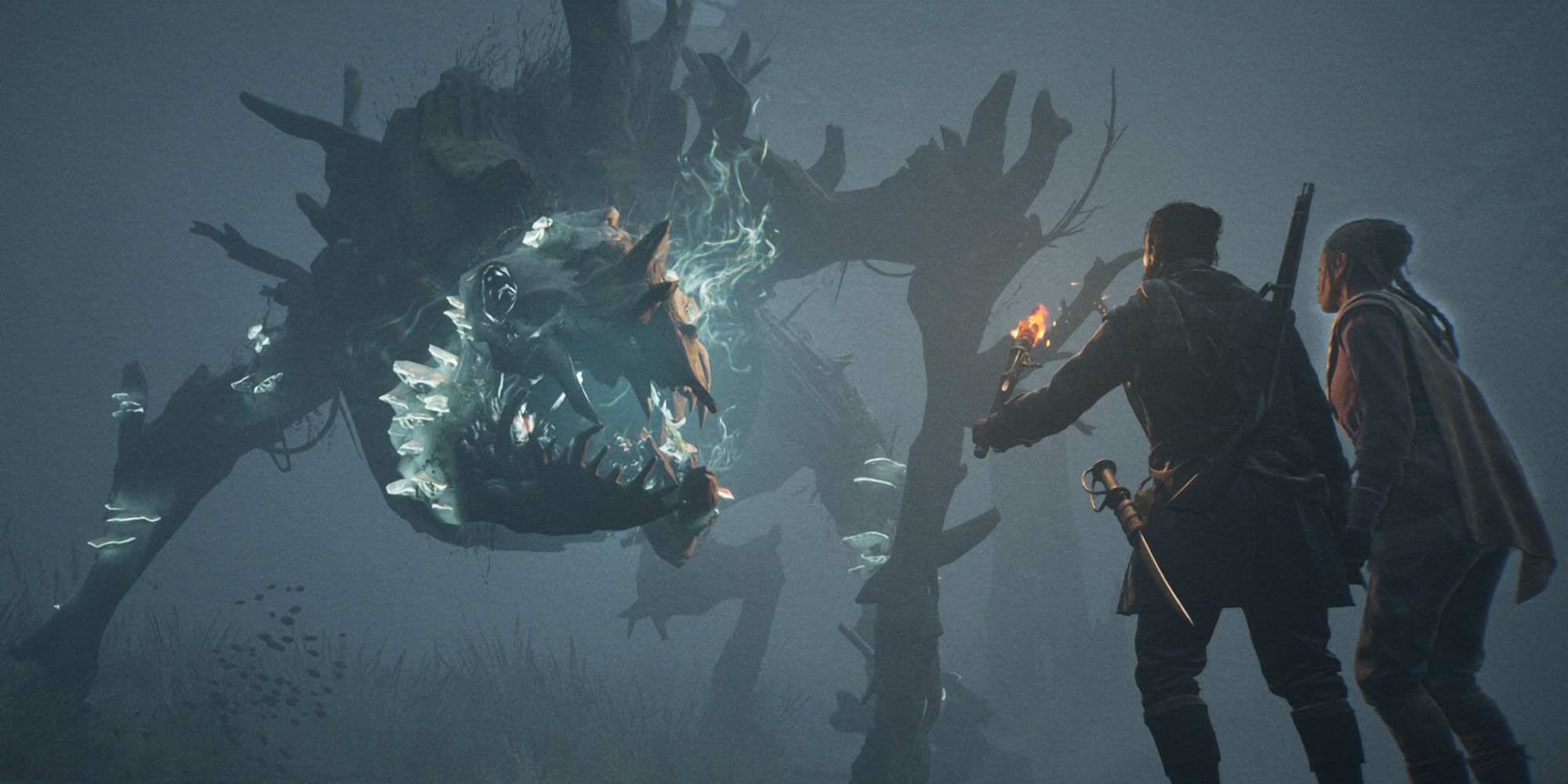 Antea and Red are standing in front of the Beast - Banishers Ghosts of New Eden